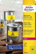 Etykiety foliowe śr.30 mm, żółte etykiety wodoodporne z trwałym klejem, etykiety poliestrowe 20 ark. / op., etykiety ostrzegawcz