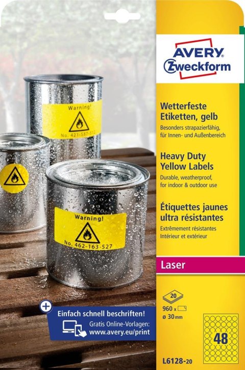 Etykiety foliowe śr.30 mm, żółte etykiety wodoodporne z trwałym klejem, etykiety poliestrowe 20 ark. / op., etykiety ostrzegawcz