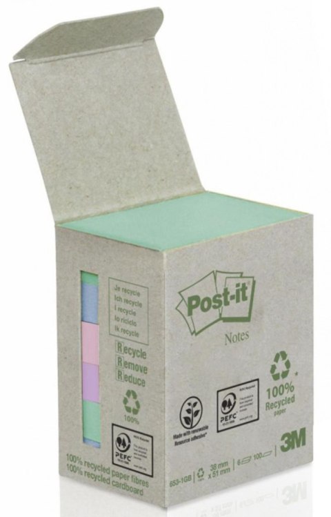 Bloczki ekologiczne POST-IT (653-1GB), 38x51mm, 6x100 kart., mix kolorów