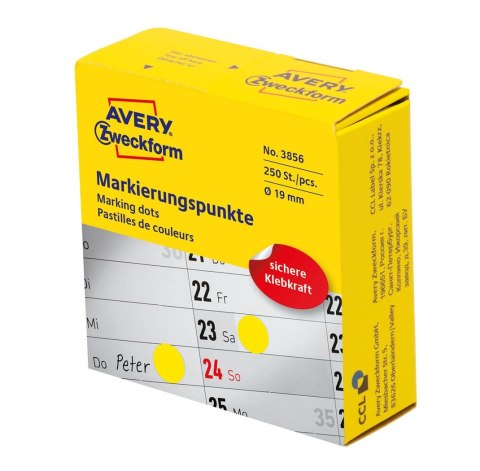 Kółka do zaznaczania w dyspenserze śr. 19 mm, żółte etykiety papierowe, etykiety okrągłe z trwałym klejem, 250 szt. / rolka, Ave