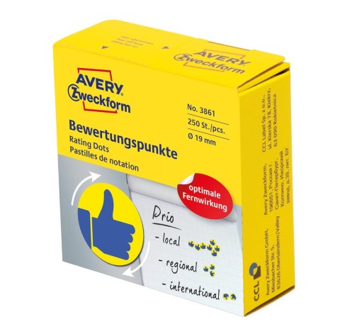 Kółka z symbolami nullKciuknull 3861 Q19 mm w rolce do zaznaczania, trwałe, 250 szt./rolka, żółto-niebiskie, Avery Zweckform (X)