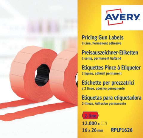 Etykiety cenowe w rolce do metkownicy dwurzędowej, trwałe, 1200 etyk./rolka, 10 rolek/op., 16 x 26 mm, czerwone, Avery RPLP1626
