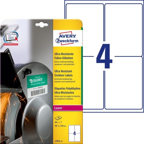 Etykiety foliowe 99,1 x 139 mm, białe etykiety wodoodporne z trwałym klejem, wytrzymałe etykiety przemysłowe 10 ark. / op., Aver