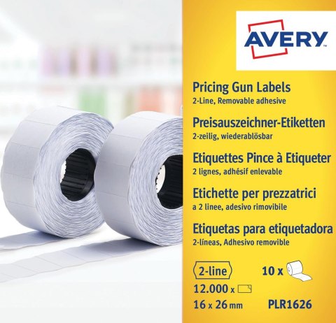 Etykiety cenowe w rolce do metkownicy dwurzędowej, usuwalne, 1200 etyk./rolka, 10 rolek/op., 16 x 26 mm, białe, Avery PLR1626
